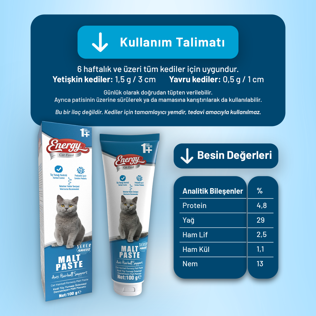 Energy Yetişkin Kedi Malt Paste - 100 g