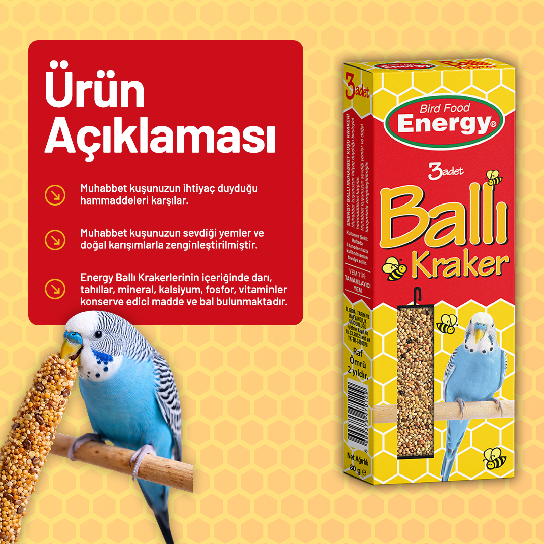 Ballı Muhabbet Kuşu Krakeri 3'lü - 12 Adet
