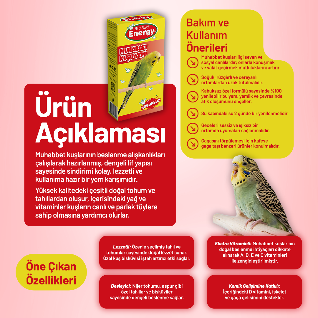 Energy Kabuksuz Muhabbet Kuşu Yemi - 400 g
