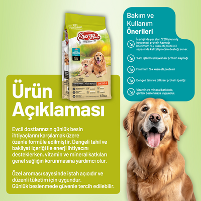 Energy Kuzu Etli Yetişkin Köpek Maması - 15 kg