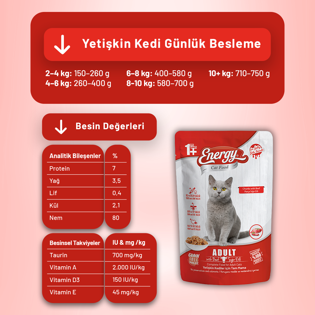 Energy Sığır Etli Yetişkin Yaş Kedi Maması - 85 g